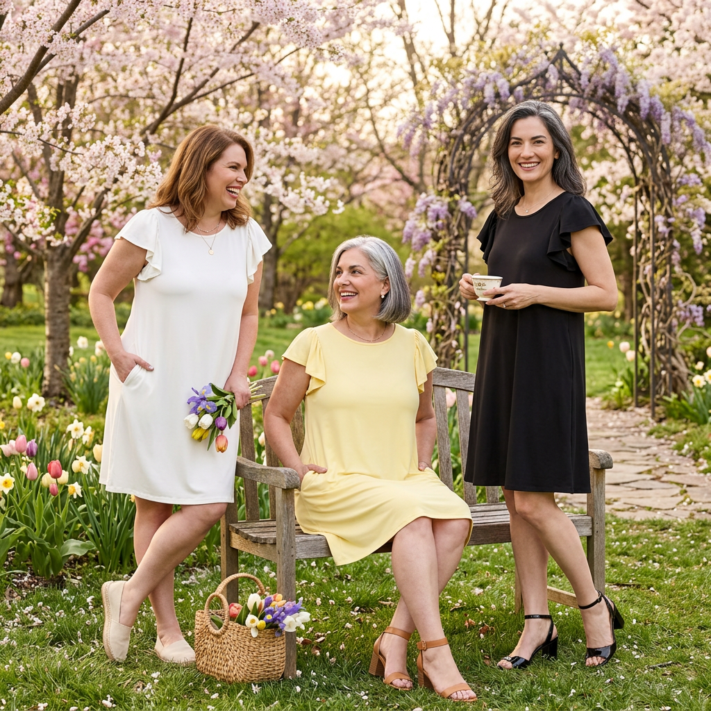 Three women in dresses standing in a garden with cherry blossoms and other flowers.