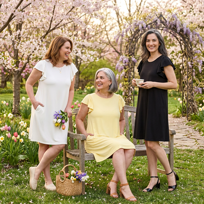 Three women in dresses standing in a garden with cherry blossoms and other flowers.