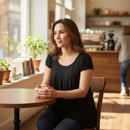 Woman sitting at a table in a cozy cafe holding a cup.