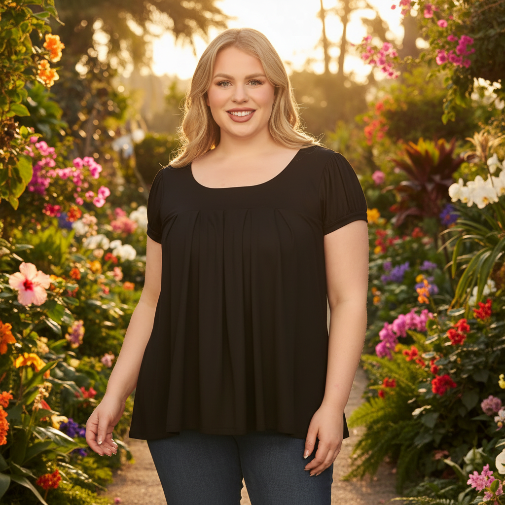 Woman in a black top standing in a garden with colorful flowers