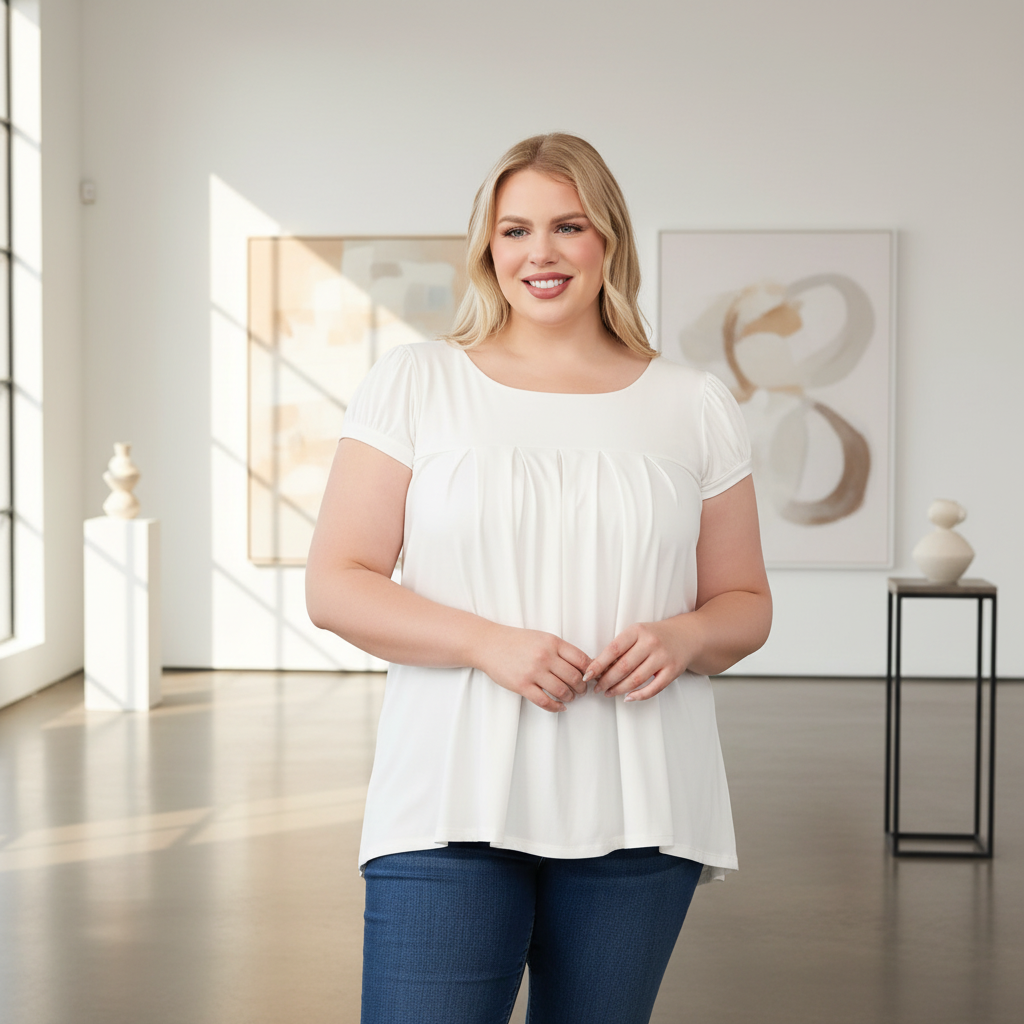 Woman wearing a white blouse and blue jeans standing in a bright room with abstract art on the wall.