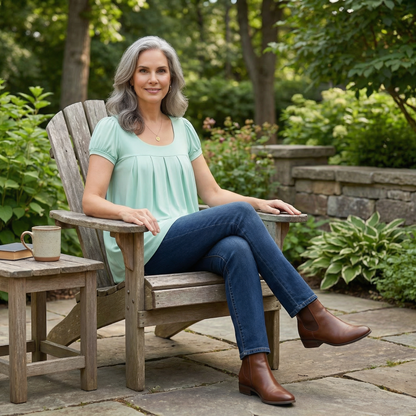 Woman sitting in a wooden chair outdoors with a garden background