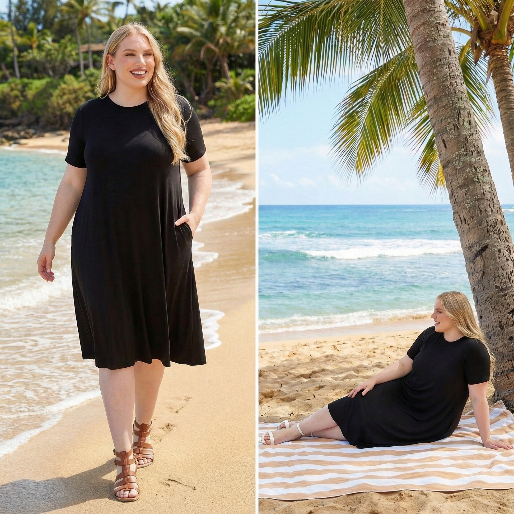 Woman in a black dress on a beach with palm trees and ocean view.