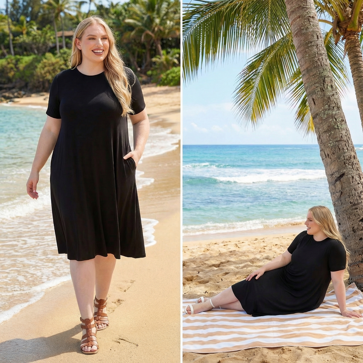 Woman in a black dress on a beach with palm trees and ocean view.