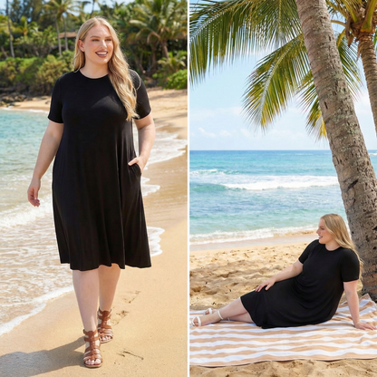 Woman in a black dress on a beach with palm trees and ocean view.