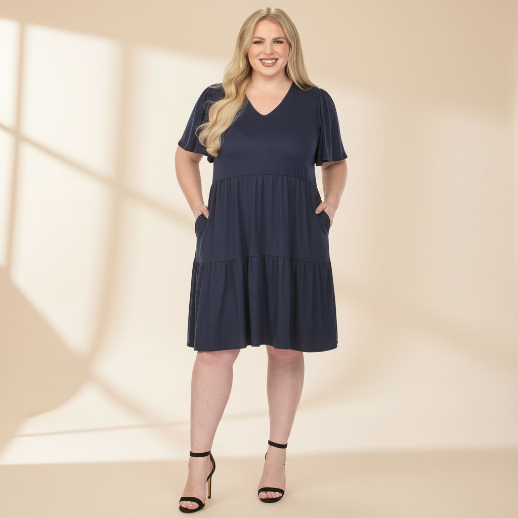 Woman wearing a navy blue dress against a beige background