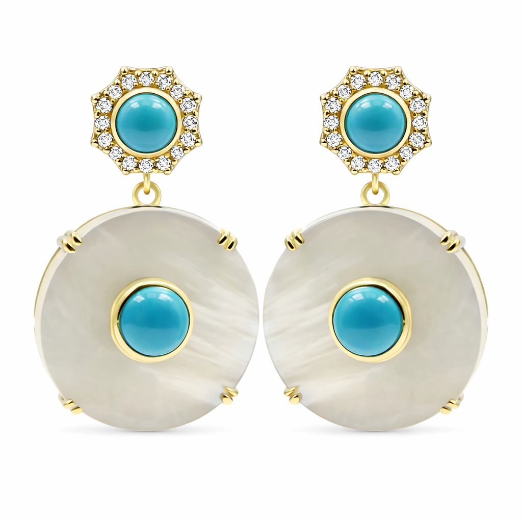 Gold Plated Sleeping Beauty Turq & Mother-of-Pearl Disc Drop Earrings