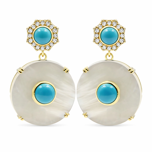 Gold Plated Sleeping Beauty Turq & Mother-of-Pearl Disc Drop Earrings
