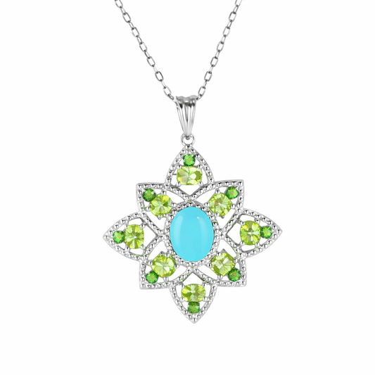 Sterling Silver 9x7mm Sleeping Beauty & Exotic Gemstone Floral Pendant with Chain