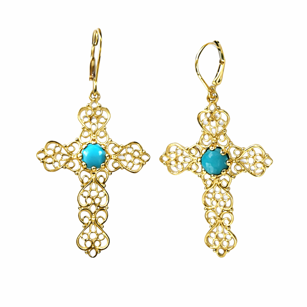 Sterling Silver 6mm Round Sleeping Beauty Turq Filigree Cross Drop Earrings