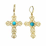 Sterling Silver 6mm Round Sleeping Beauty Turq Filigree Cross Drop Earrings