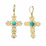 Sterling Silver 6mm Round Sleeping Beauty Turq Filigree Cross Drop Earrings