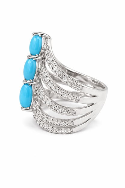 Sterling Silver Pear-Shaped Sleeping Beauty Turq & White Zircon Chevron Ring