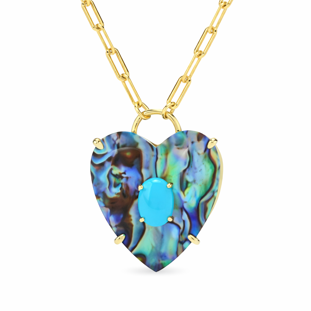 Gold Plated Heart-Shaped Abalone & Sleeping Beauty Turq Paperclip Necklace