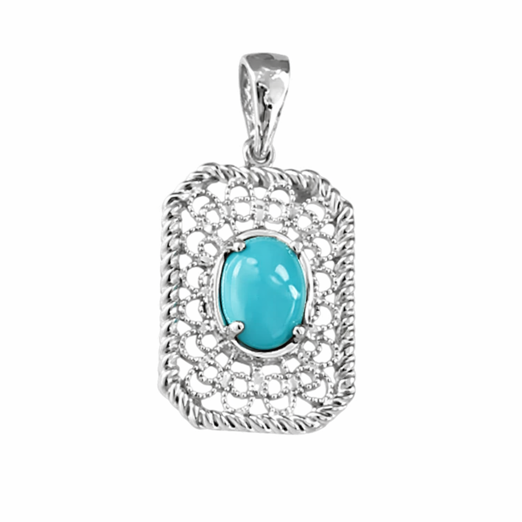 Sterling Silver 8x6mm Sleeping Beauty Turq Filigree Pendant with Chain