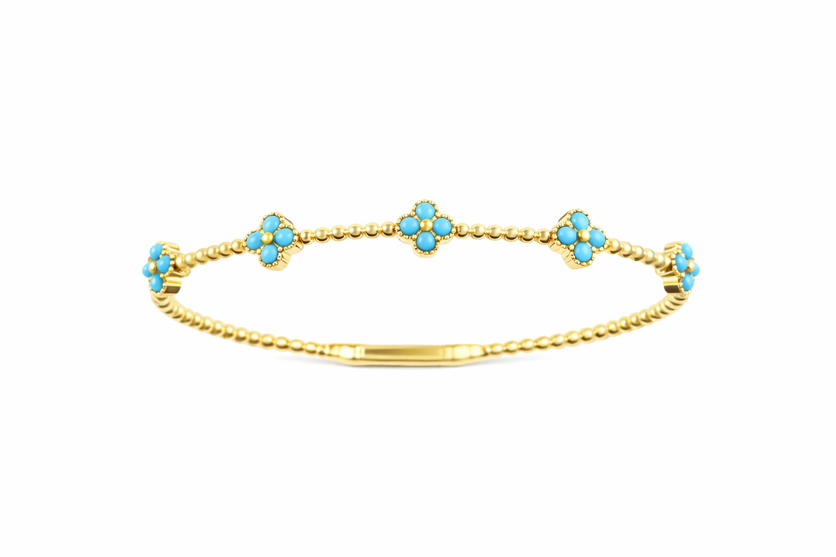 Sterling Silver 2mm Round Sleeping Beauty Turq Cluster Beaded Bangle Bracelet