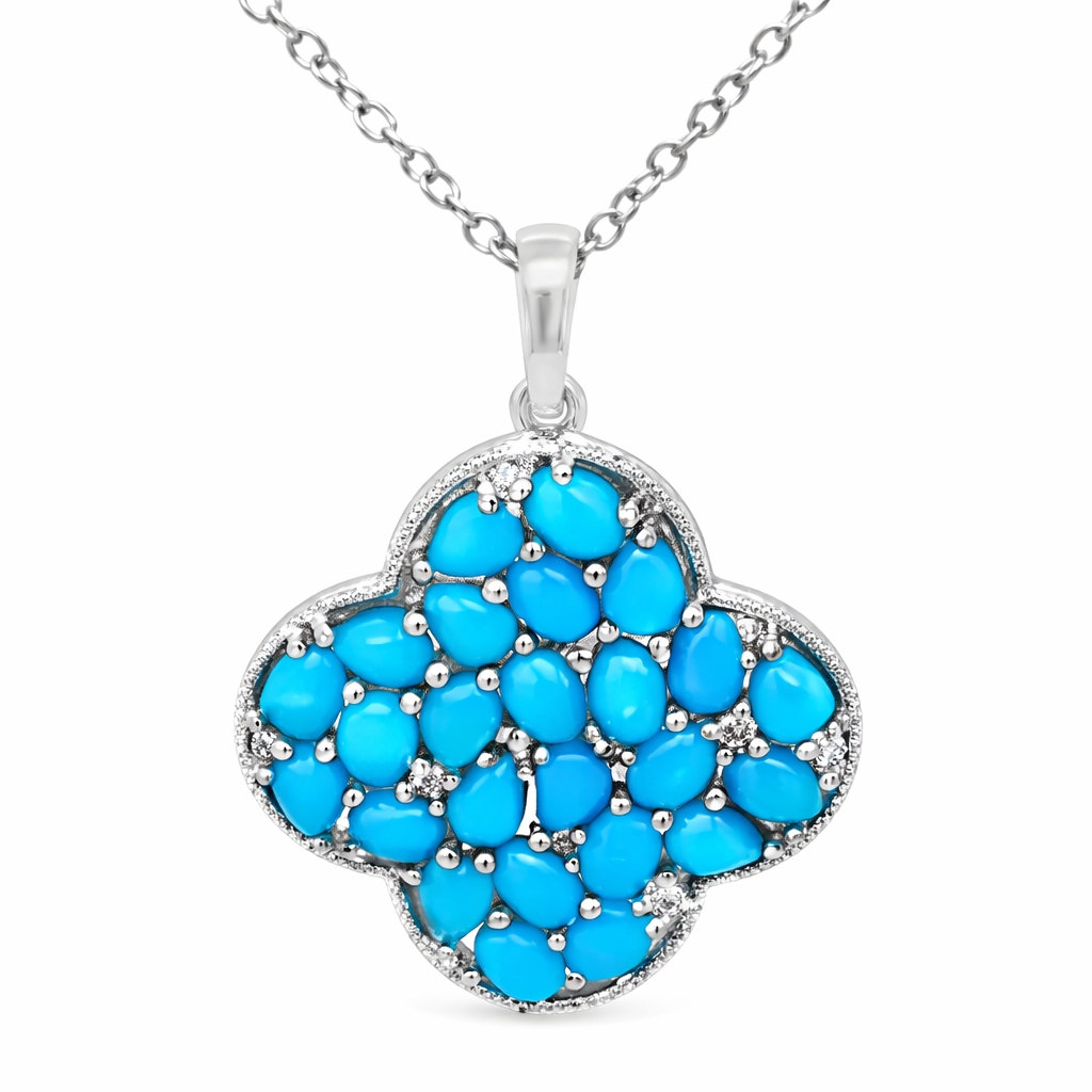 Sterling Silver Sleeping Beauty Turq & White Zircon Clover Cluster Pendant with Chain