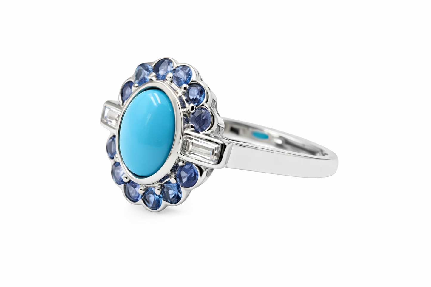 Sterling Silver 9x7mm Sleeping Beauty Turq & Ceylon Sapphire Halo Ring