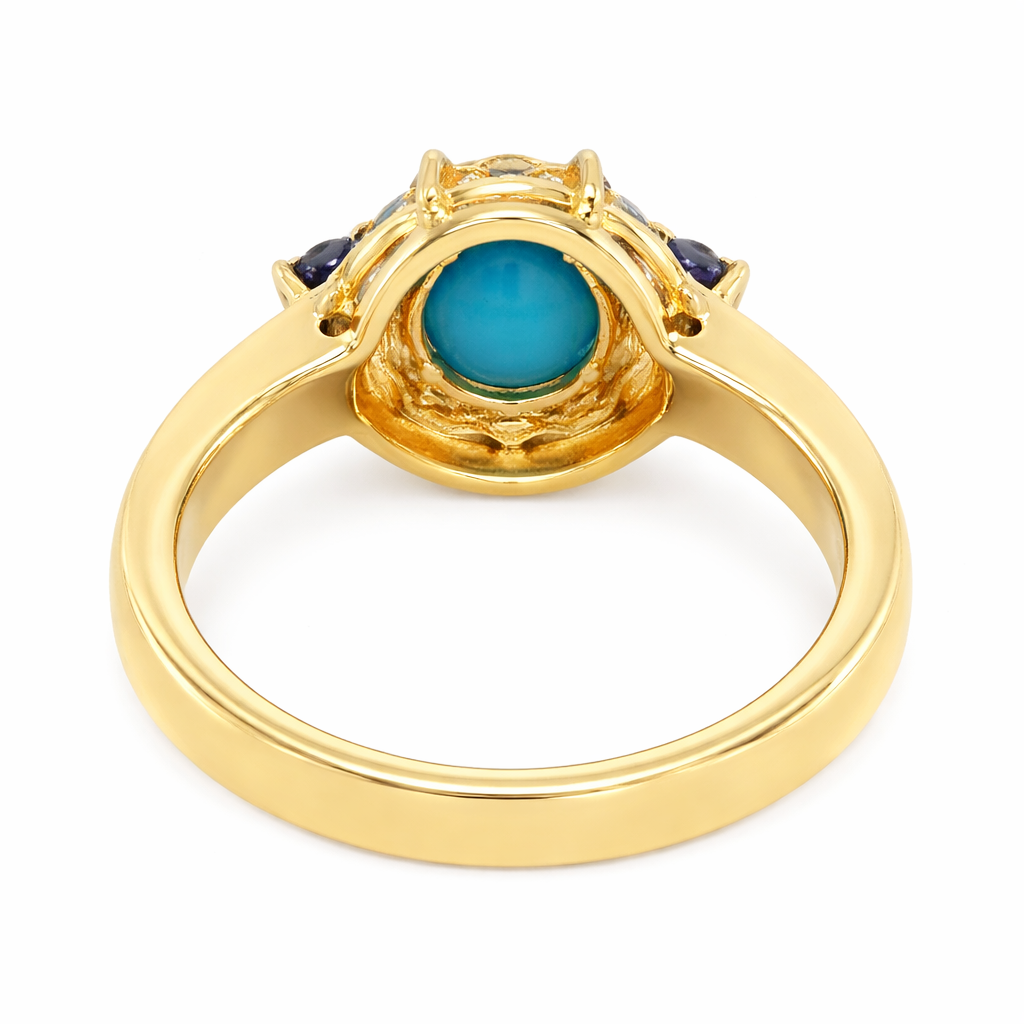 Gold Plated Sleeping Beauty Turq, Ceylon Sapphire & White Zircon Halo Ring