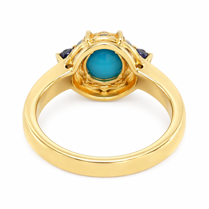Gold Plated Sleeping Beauty Turq, Ceylon Sapphire & White Zircon Halo Ring
