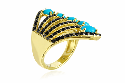 Gold Plated Sleeping Beauty Turq & Black Spinel Wrap Wave Ring