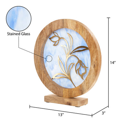 Tiffany-Style Lighting 14" Round Decorative Stained Glass & Metal Stand with Wood Frame