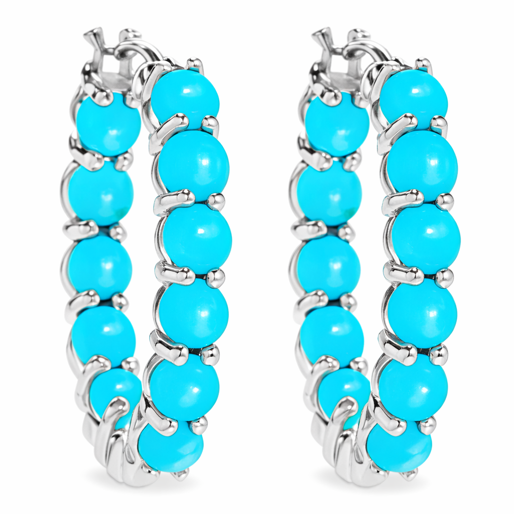 Sterling Silver 4mm Round Sleeping Beauty Turquoise Inside-Out Hoop Earrings
