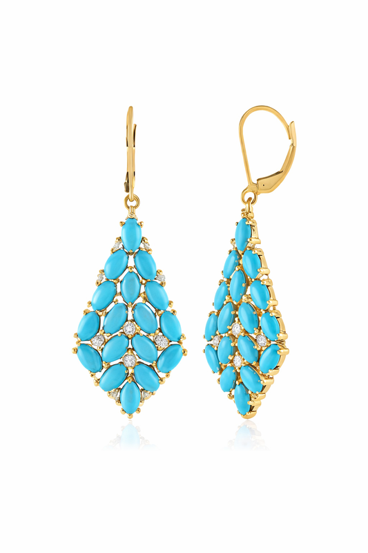 Gold Plated Sleeping Beauty Turquoise & White Zircon Kite Cluster Drop Earrings