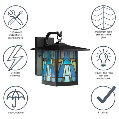Tiffany-Style Lighting Aqua and Amber Stained Glass 1-Light Outdoor Lantern Wall Sconce