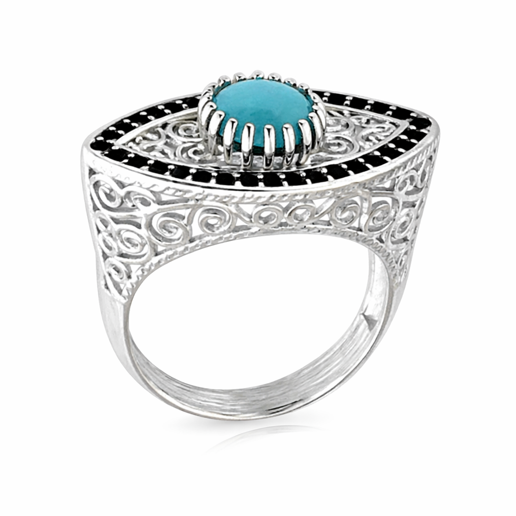 Sterling Silver 7mm Round Sleeping Beauty Turq Filigree Evil Eye Ring