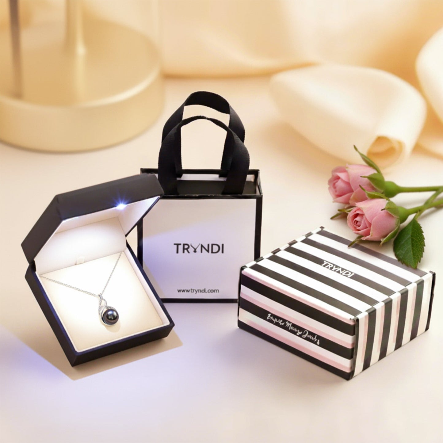 TRYNDI Rhodium Plated 11-12mm Tahitian Black Pearl Swarovski Crystal Necklace