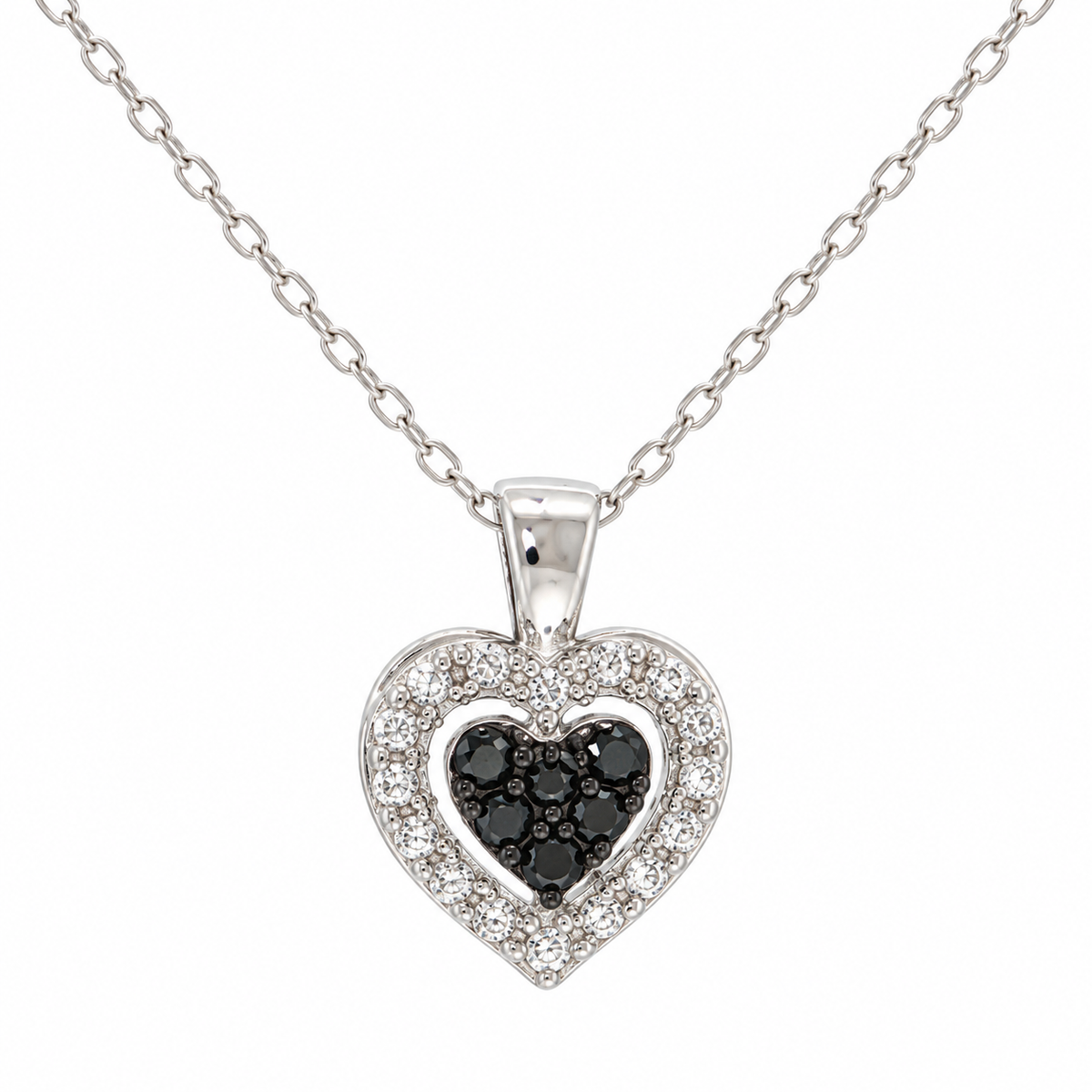 Sterling Silver 0.10ctw Black & White Diamond Heart Pendant with Chain