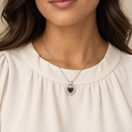 Sterling Silver 0.10ctw Black & White Diamond Heart Pendant with Chain
