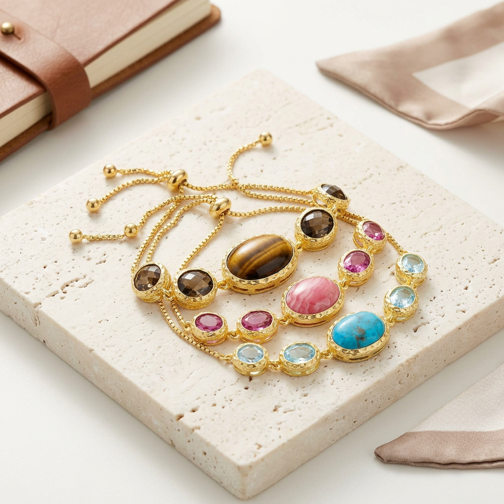 18K Gold Plated Opaque & Faceted Gemstone Adjustable Bolo Bracelet