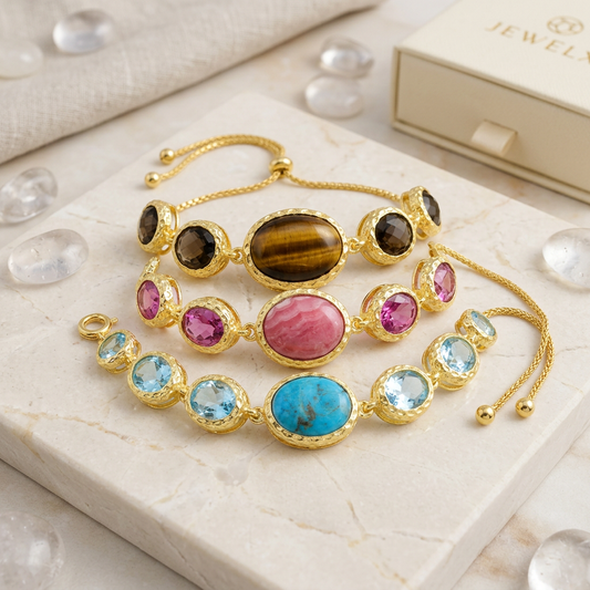 18K Gold Plated Opaque & Faceted Gemstone Adjustable Bolo Bracelet