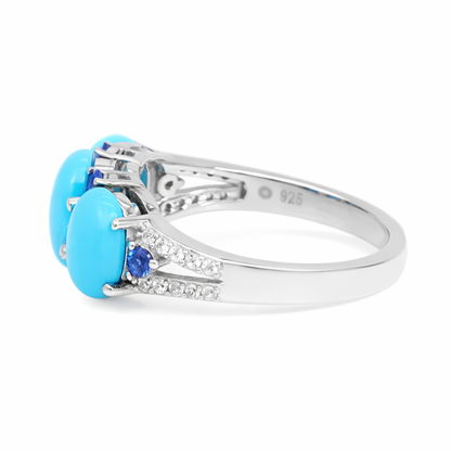 Sterling Silver 3-Stone Sleeping Beauty Turq & Ceylon Sapphire Ring