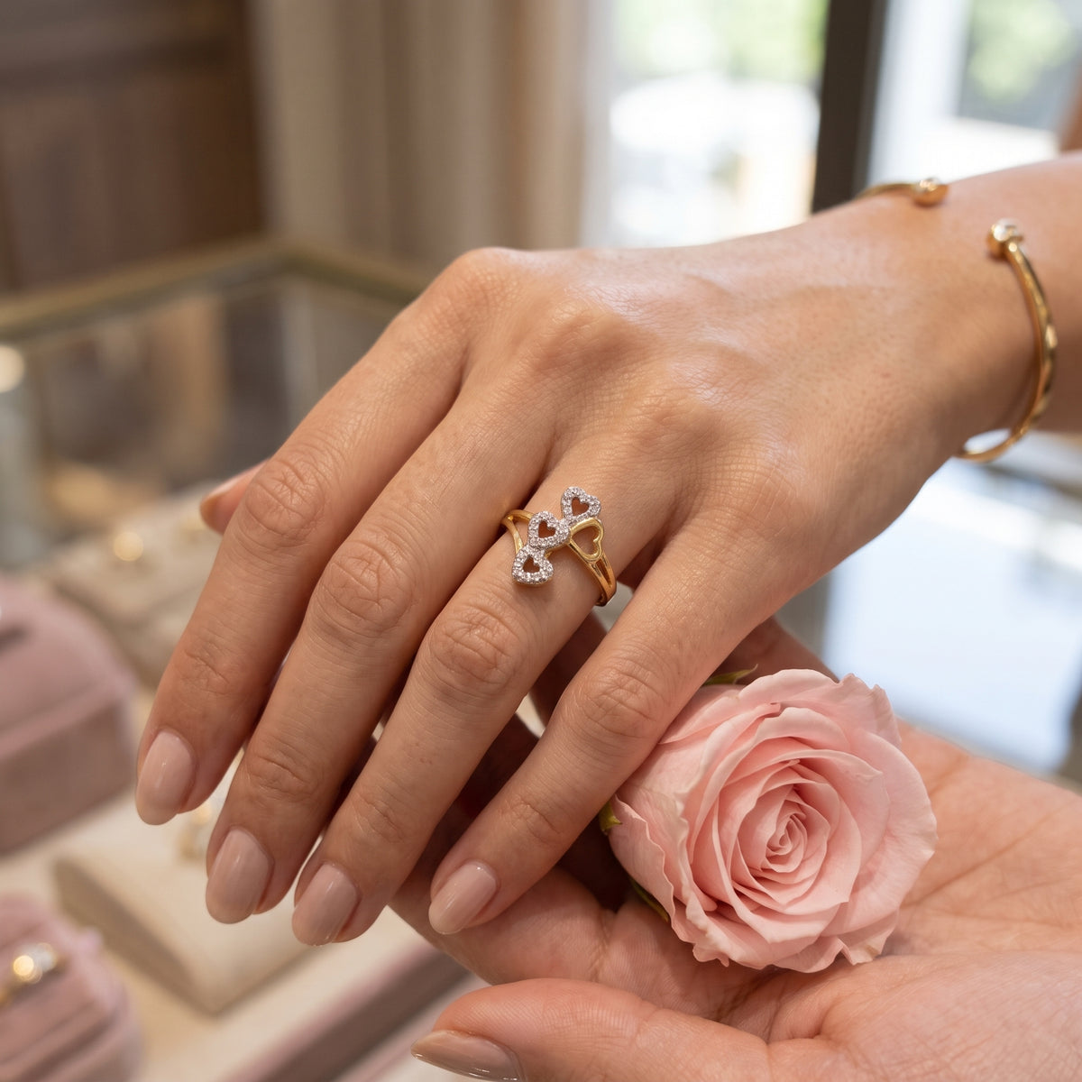 Gold Plated Diamond Accented Cascading Hearts Ring