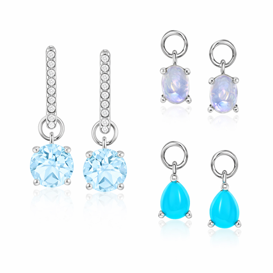 Sterling Silver Set of 3 Interchangeable Gemstone Charm Hoop Earrings