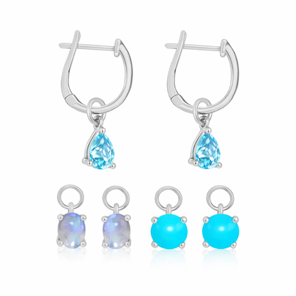 Sterling Silver Set of 3 Interchangeable Gemstone Charm Hoop Earrings