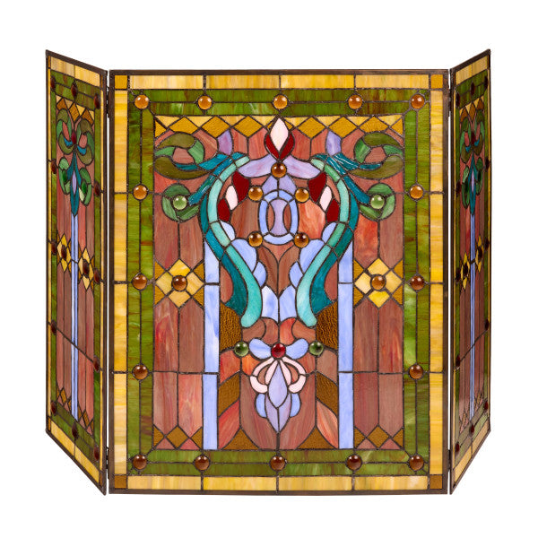 Tiffany-Style Lighting 28" Fleur de Lis Stained Glass Fireplace Screen