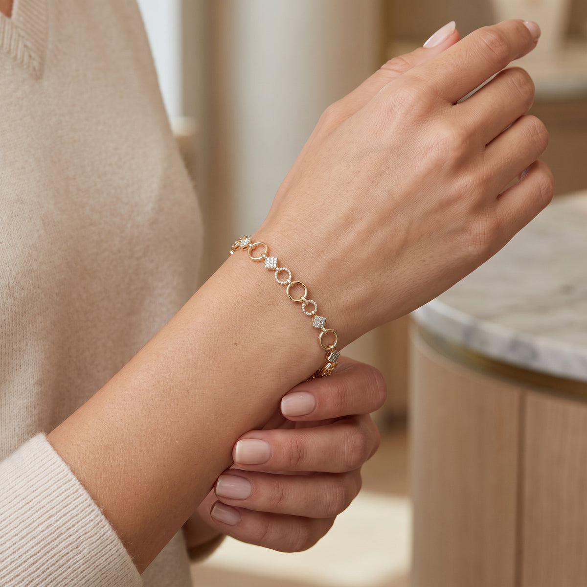 Gold Plated Diamond Accented Open Circle Link Bracelet