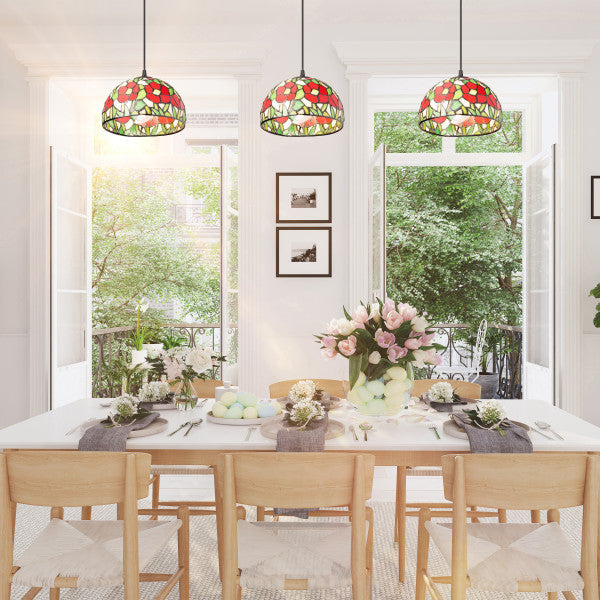 Tiffany-Style Lighting Genevieve Adjustable Height Red Flowers Stained Glass Hanging Pendant Light