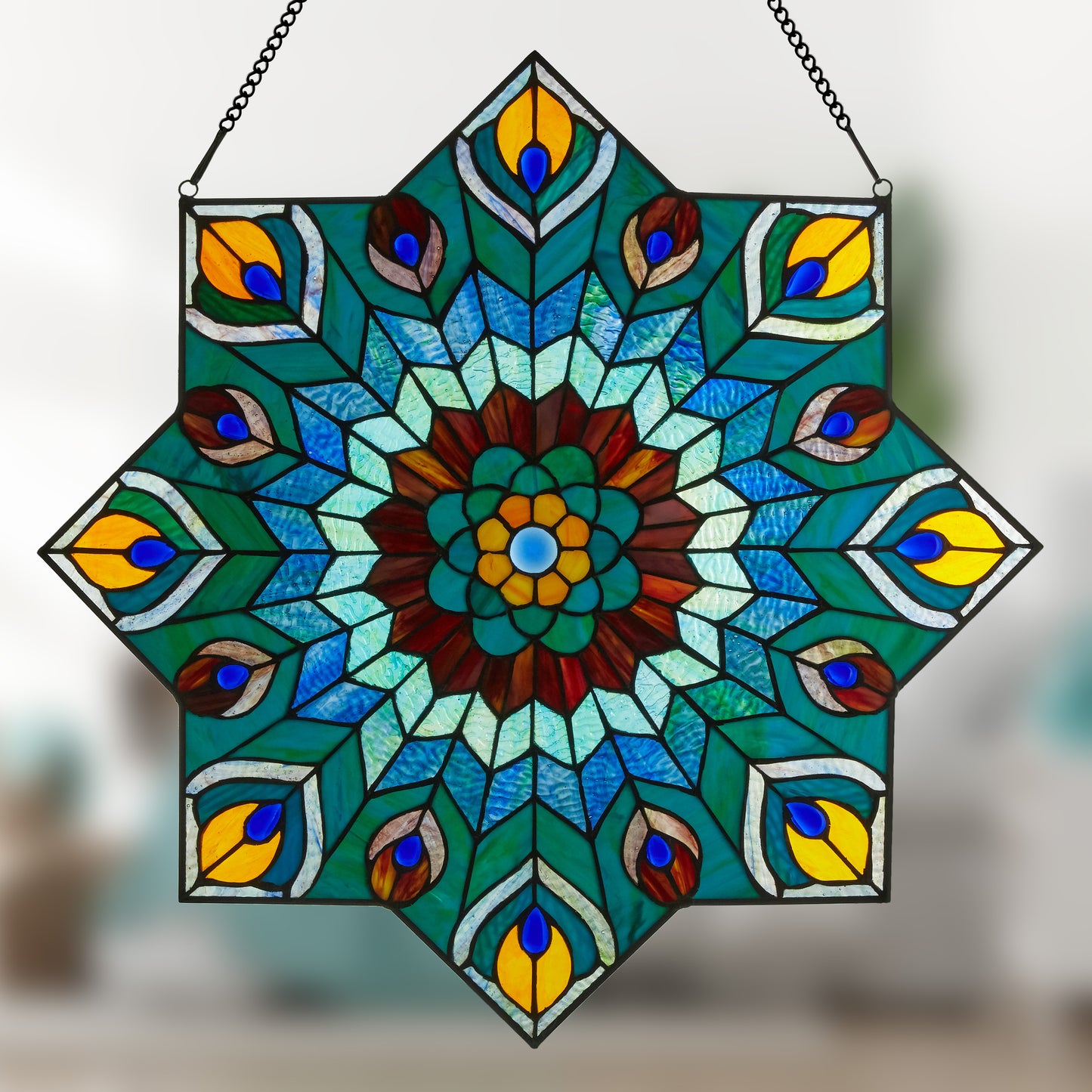 Tiffany-Style Lighting 24" Stained Glass Peacock Star Window Panel