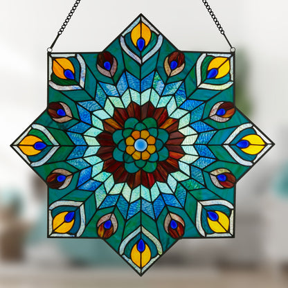 Tiffany-Style Lighting 24" Stained Glass Peacock Star Window Panel