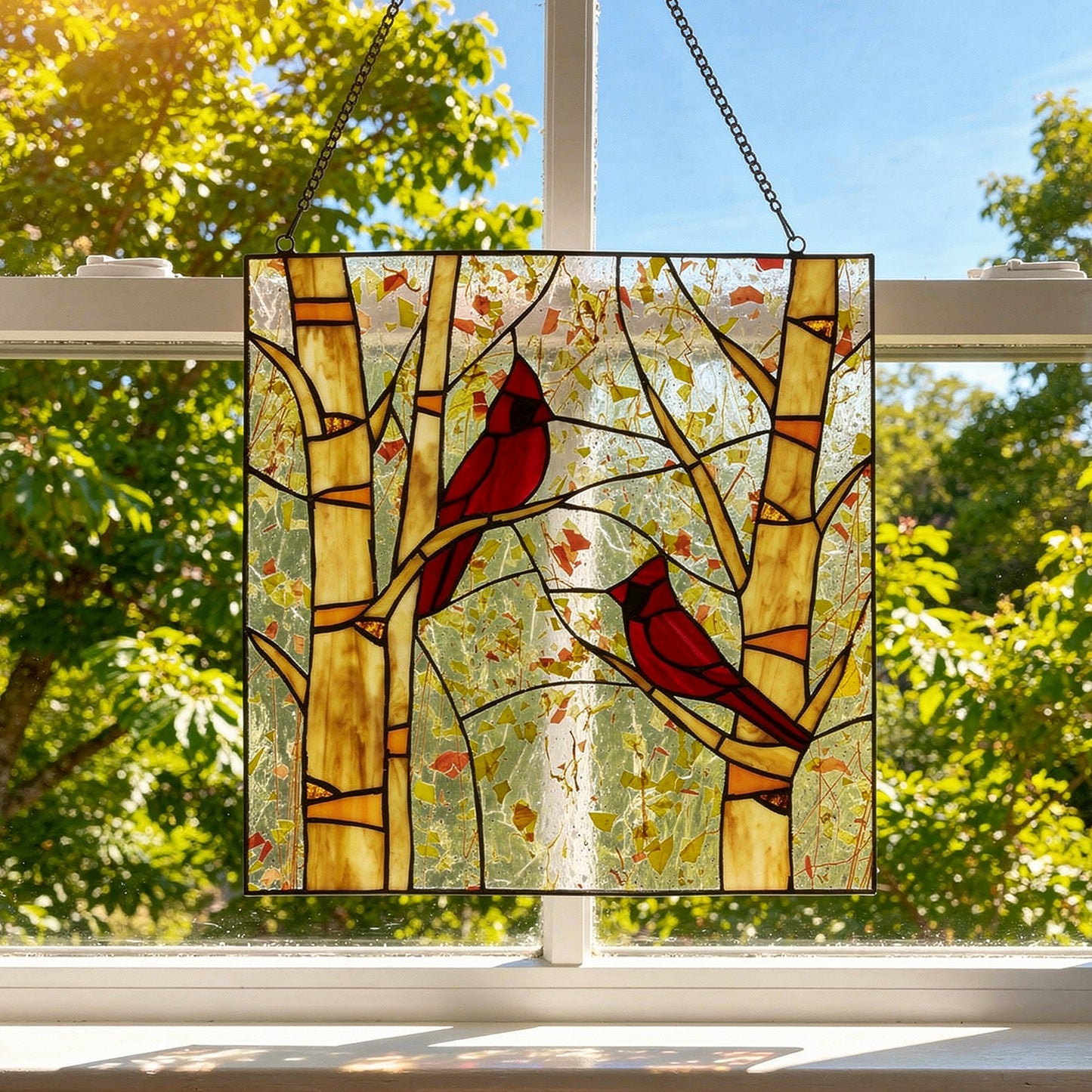 Tiffany-Style Lighting 14" Eden Red Cardinals in Autumn Stained Glass Window Panel