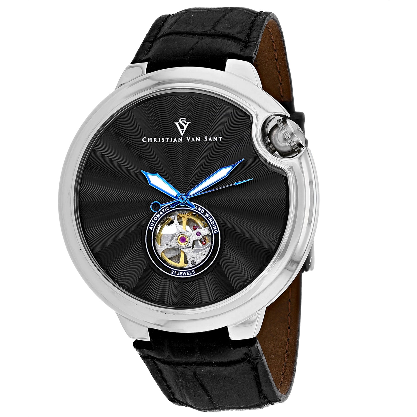 Christian Van Sant Men's 46mm Cyclone Automatic Open Heart Leather Strap Watch
