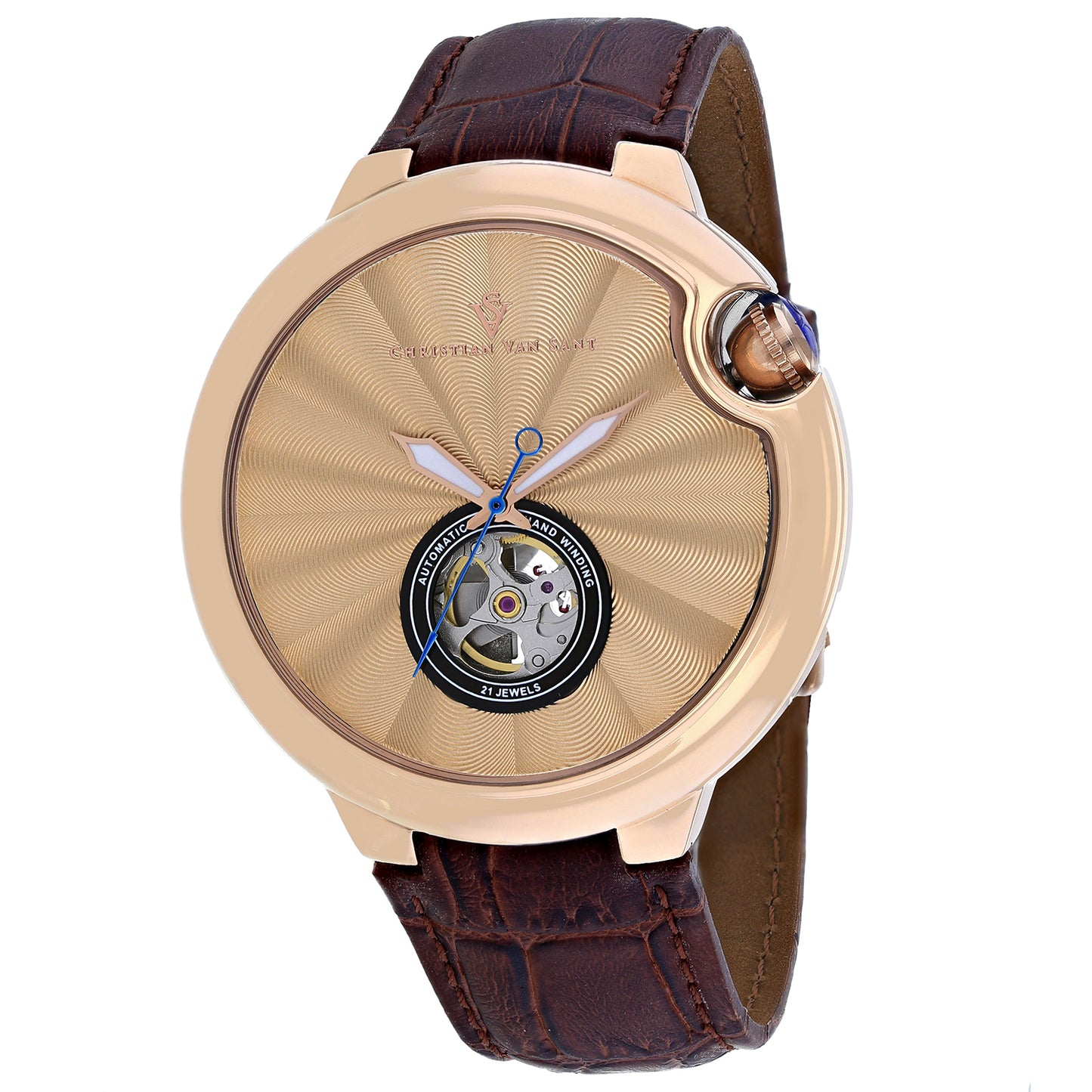Christian Van Sant Men's 46mm Cyclone Automatic Open Heart Leather Strap Watch