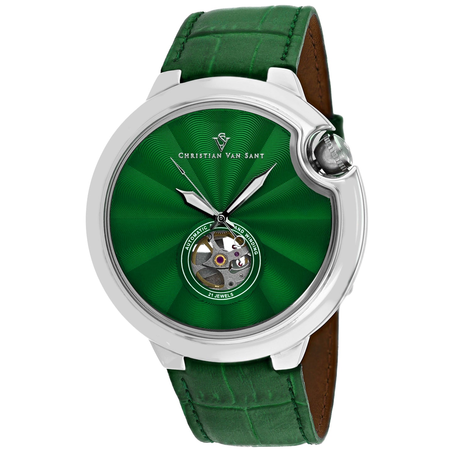 Christian Van Sant Men's 46mm Cyclone Automatic Open Heart Leather Strap Watch