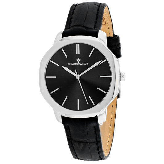 Christian Van Sant Women's 37mm Octave Slim Quartz Date Octagon Case Leather Strap Watch