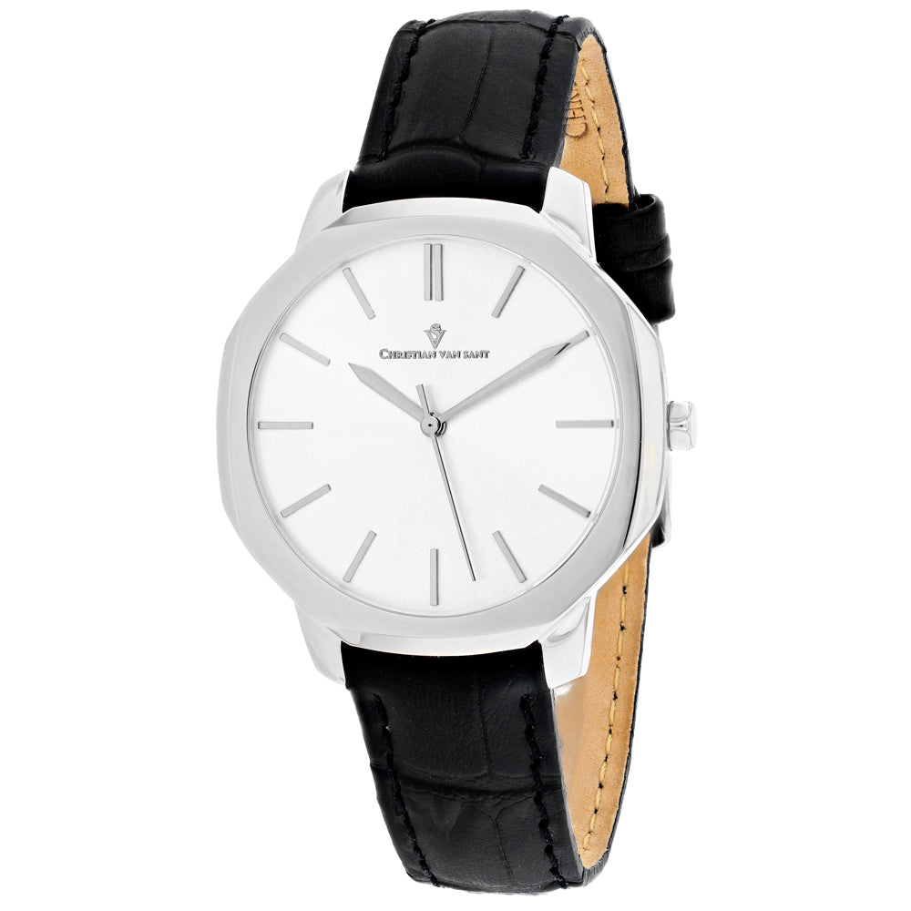 Christian Van Sant Women's 37mm Octave Slim Quartz Date Octagon Case Leather Strap Watch